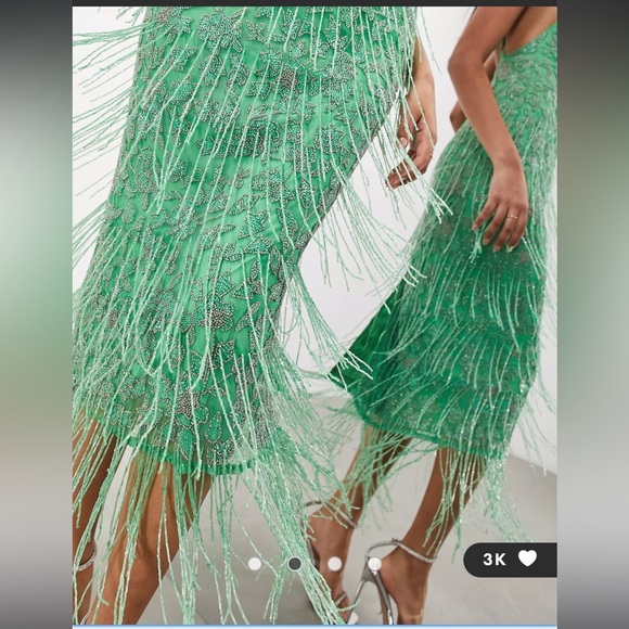 ASOS EDITION floral midi dress with beaded fringe in green SIZE 14 - Picture 4 of 11